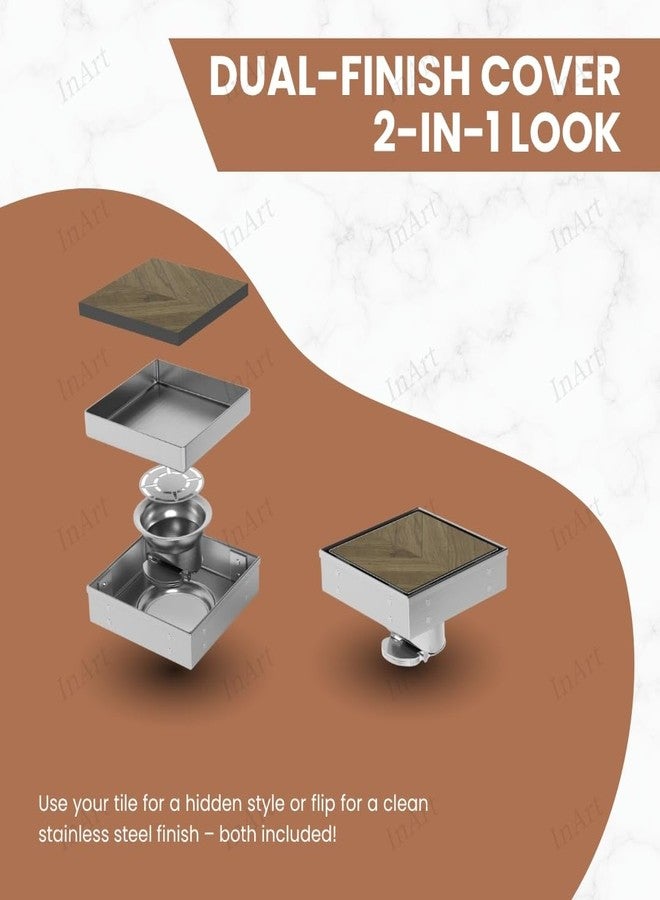 إينارت مصرف أرضي InArt Quadrate مُدمج مع البلاط | فولاذ مقاوم للصدأ 304 | قناة تصريف دش غير مرئية | 5 × 5 بوصة | مصرف أرضي لمياه الصرف الصحي لبلاط 13 مم | قناة تصريف | مصيدة مضادة للصراصير | فضي - Image 2